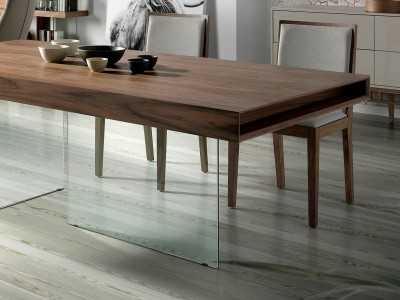 Table à manger fixe en noyer avec bases en verre trempé - BRISTOL