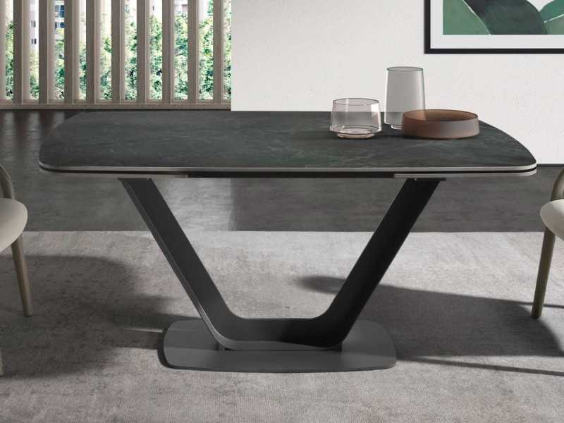Mesa de comedor extensible con tapa porcelánico y base en acero inoxidable - EIRA