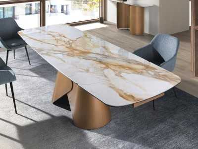 Extendable oval table with porcelain marble top and stainless steel base - ABACO EXT