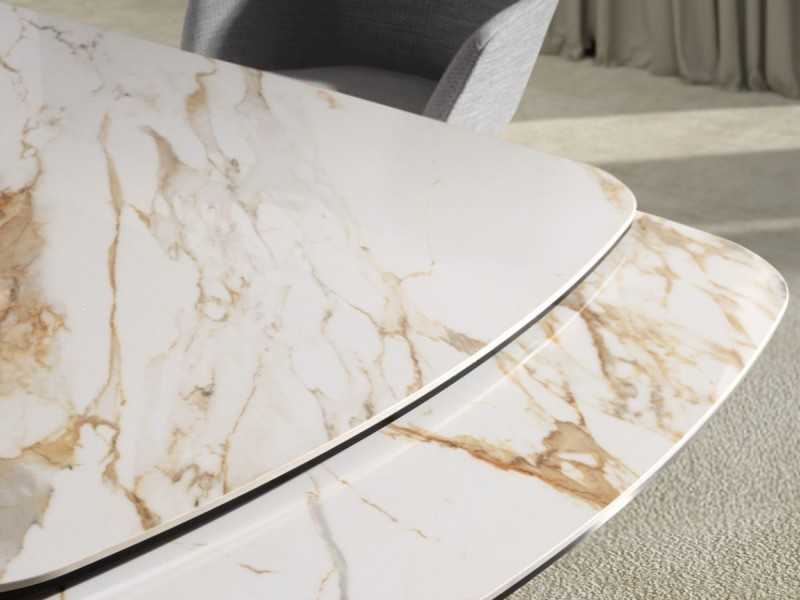 Mesa ovalada extensible con tapa mármol porcelánico y base en acero inoxidable - ABACO EXT