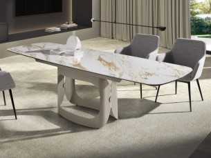 Extendable oval table with porcelain marble top and stainless steel base - AABRIA