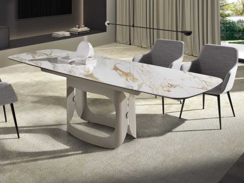 Mesa ovalada extensible con tapa mármol porcelánico y base en acero inoxidable - AABRIA
