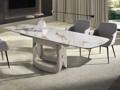 Extendable oval table with porcelain marble top and stainless steel base - AABRIA
