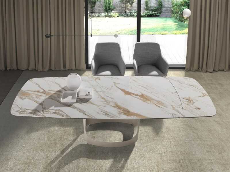 Mesa ovalada extensible con tapa mármol porcelánico y base en acero inoxidable - AABRIA