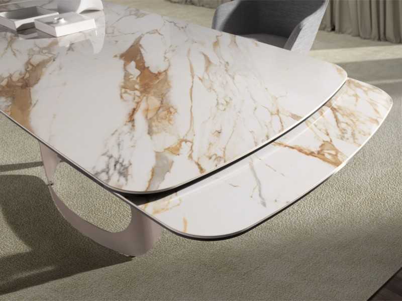 Extendable oval table with porcelain marble top and stainless steel base - AABRIA