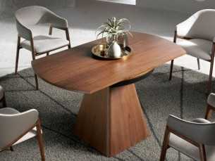 Mesa de comedor extensible redonda chapada en nogal - GRETA