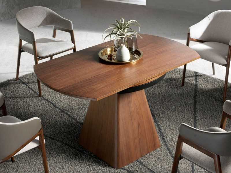 Mesa de comedor extensible redonda chapada en nogal - GRETA