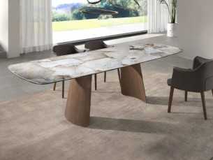 Extendable oval dining table with porcelain marble top and walnut legs - LEROS