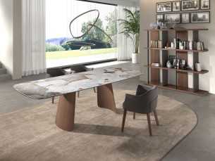 Table à manger ovale extensible avec plateau en marbre porcelainé et pieds en noyer - LEROS 2