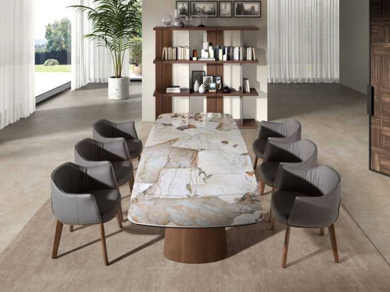 Extendable oval dining table with porcelain marble top and walnut legs - LEROS