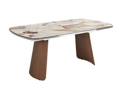 Table à manger ovale extensible avec plateau en marbre porcelainé et pieds en noyer - LEROS