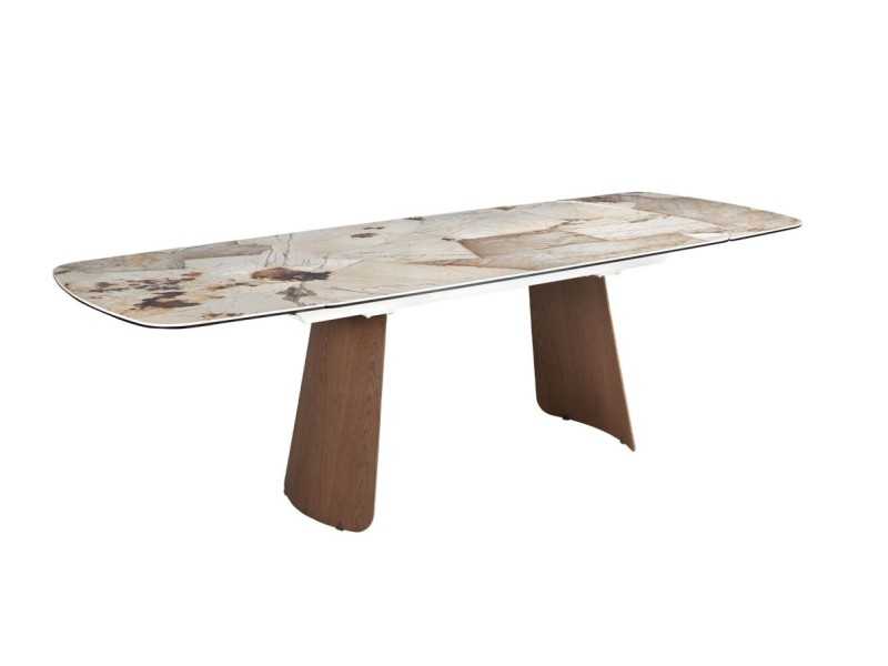 Table à manger ovale extensible avec plateau en marbre porcelainé et pieds en noyer - LEROS
