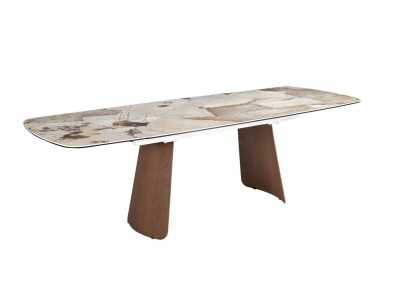 Table à manger ovale extensible avec plateau en marbre porcelainé et pieds en noyer - LEROS