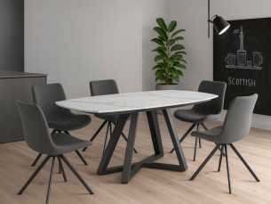 Table à rallonges avec plateau en marbre porcelainé et piètement en acier inoxydable - MOSSET