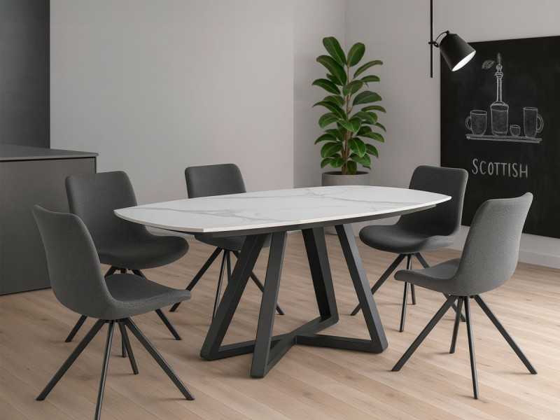 Mesa comedor extensible con tapa de mármol porcelánico y base en acero inox - MOSSET