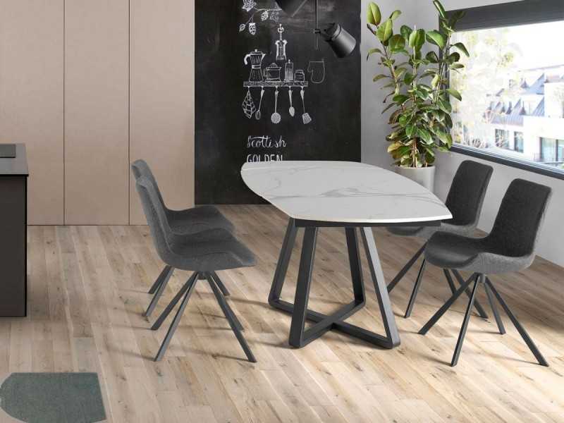 Table à rallonges avec plateau en marbre porcelainé et piètement en acier inoxydable - MOSSET