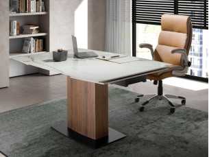 Extendable table with porcelain top and walnut base column - SANNA
