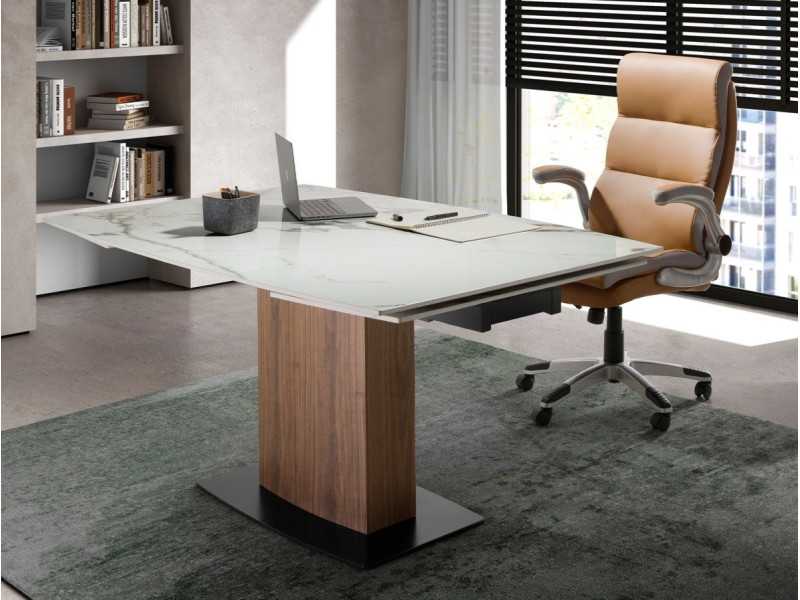 Mesa extensible con tapa porcelánico y columna base de nogal - SANNA
