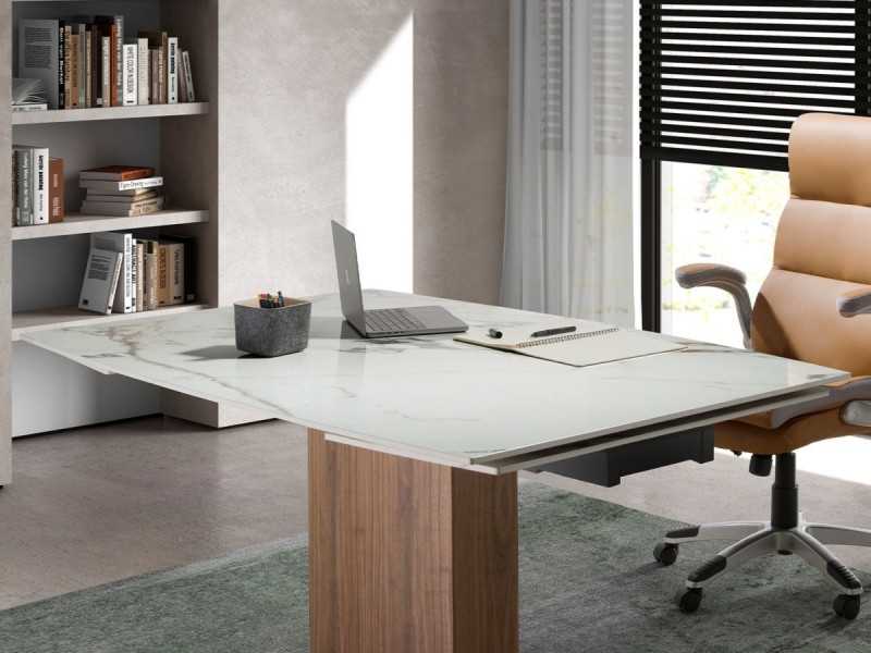 Table extensible avec plateau en grès cérame et piètement en noyer - SANNA