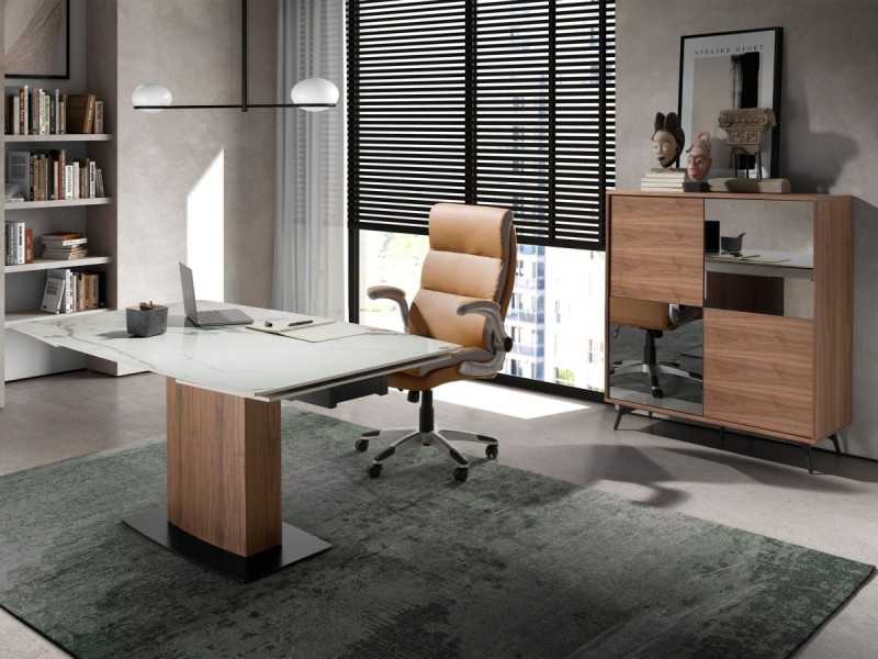 Table extensible avec plateau en grès cérame et piètement en noyer - SANNA