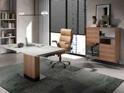 Mesa extensible con tapa porcelánico y columna base de nogal - SANNA