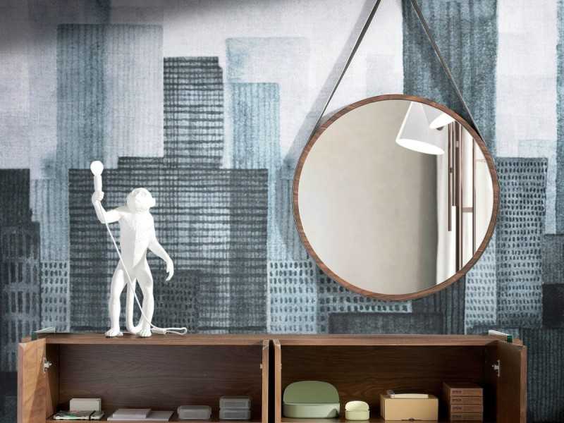 Round wall-mounted mirror with walnut frame - ANEESA