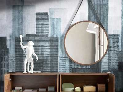 Round wall-mounted mirror with walnut frame - ANEESA