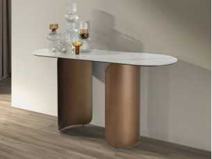 Console ovale avec plateau en marbre porcelaine et piètement en acier inoxydable - ABACO