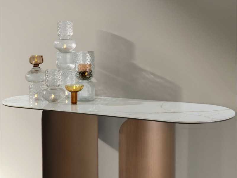 Console ovale avec plateau en marbre porcelaine et piètement en acier inoxydable - ABACO