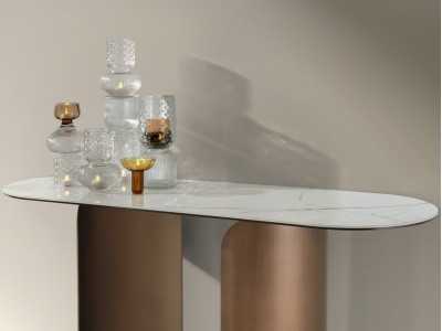 Oval console table with porcelain marble top and stainless steel bases - ABACO