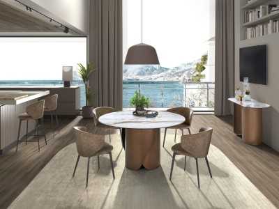 Console ovale avec plateau en marbre porcelaine et piètement en acier inoxydable - ABACO