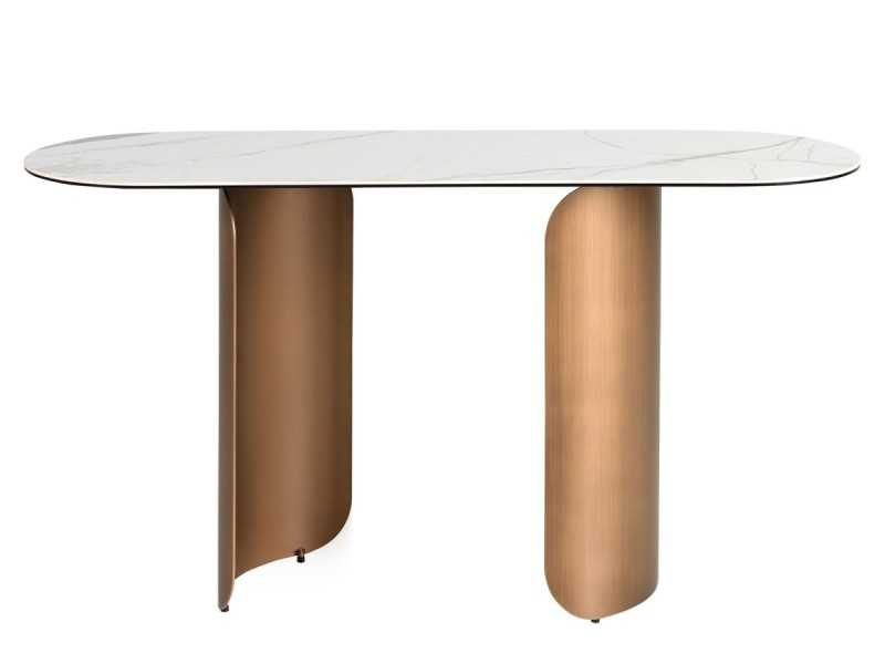 Consola ovalada con tapa de mármol porcelánico y bases de acero inoxidable - ABACO