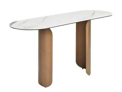 Consola ovalada con tapa de mármol porcelánico y bases de acero inoxidable - ABACO