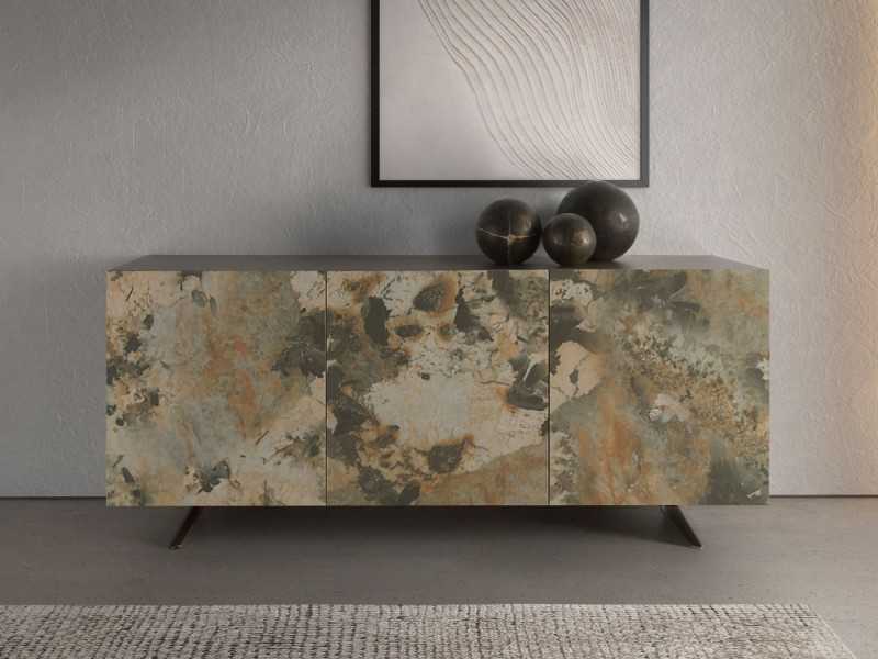 Lacquered sideboard with porcelain marble doors and steel legs - AMAYA