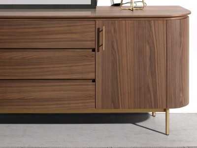 Buffet design en noyer avec piètement en acier inoxydable doré - MANDRA