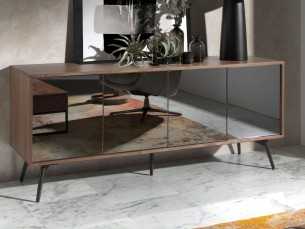 Sideboard in walnut, black glass and stainless steel base - MICHIGAN