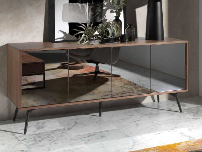 Sideboard in walnut, black glass and stainless steel base - MICHIGAN