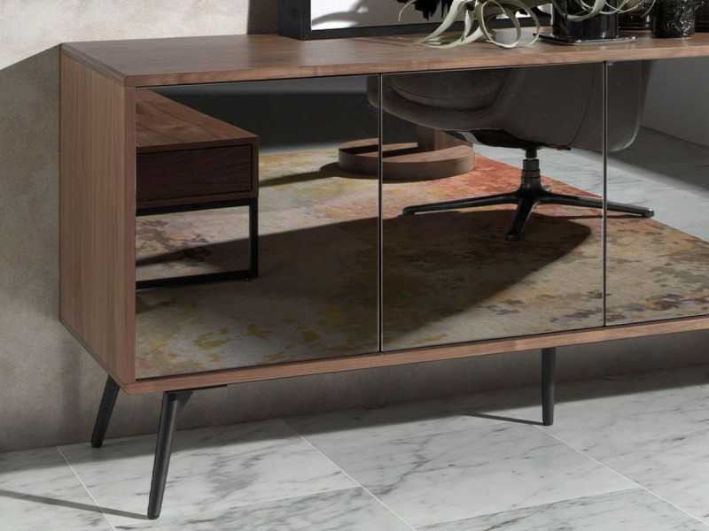 Sideboard in walnut, black glass and stainless steel base - MICHIGAN