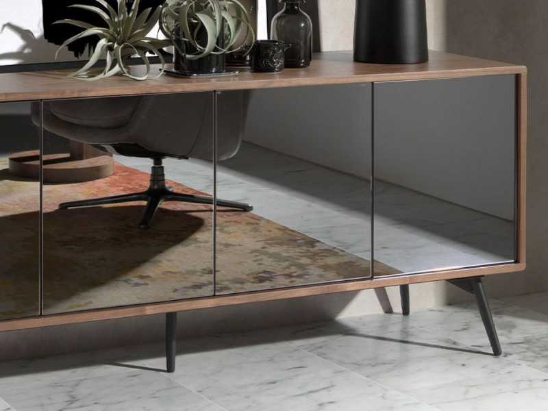 Buffet en noyer, verre noir et piètement en acier inoxydable - MICHIGAN