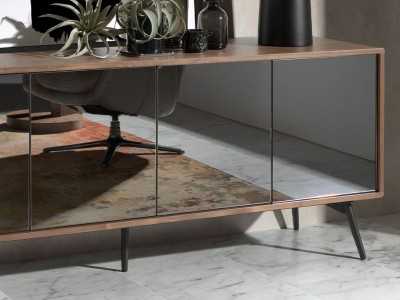 Buffet en noyer, verre noir et piètement en acier inoxydable - MICHIGAN