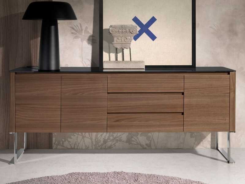 Modern design sideboard in wood, glass and stainless steel - SEVILLA