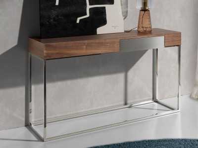 Walnut console with 1 drawer and stainless steel base - MOZART