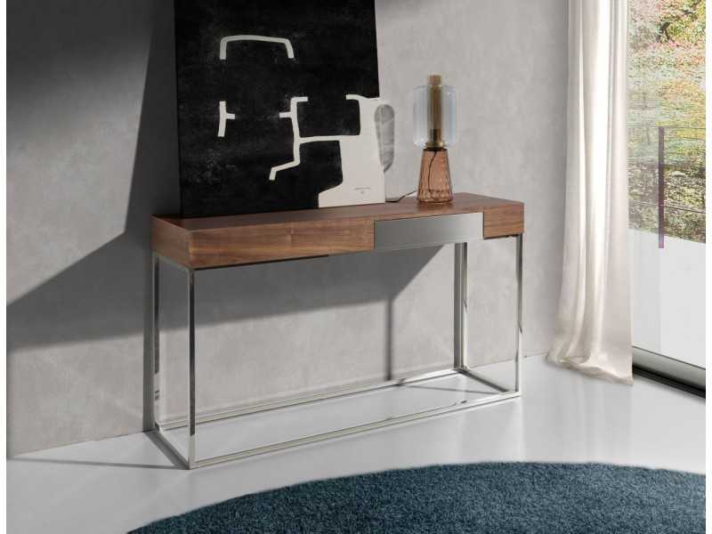 Walnut console with 1 drawer and stainless steel base - MOZART