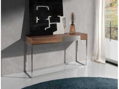 Walnut console with 1 drawer and stainless steel base - MOZART