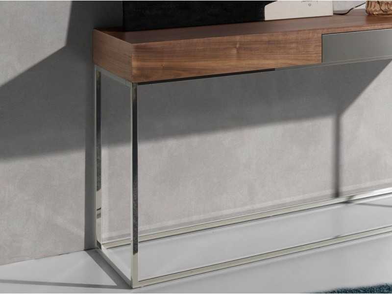 Walnut console with 1 drawer and stainless steel base - MOZART