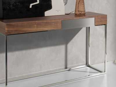 Walnut console with 1 drawer and stainless steel base - MOZART