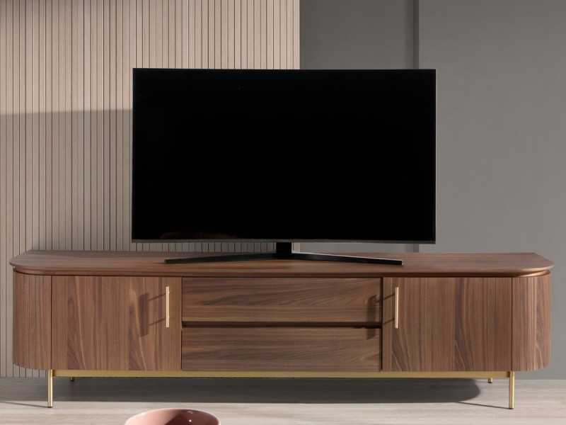 Designer TV cabinet in walnut with gold stainless steel base - MANDRA