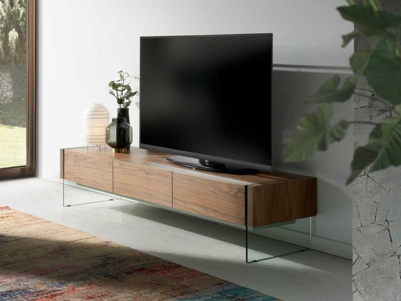 Walnut and tempered glass TV cabinet - MARCO