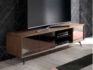 TV stand in walnut, black glass and stainless steel base - MICHIGAN L
