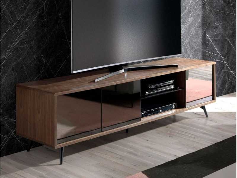 TV stand in walnut, black glass and stainless steel base - MICHIGAN L